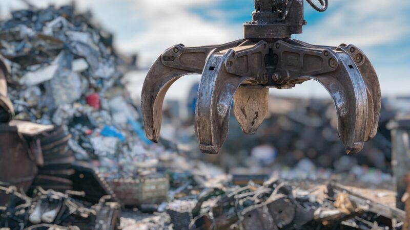 Close-up view on mechanical arm claw of crane at landfill.