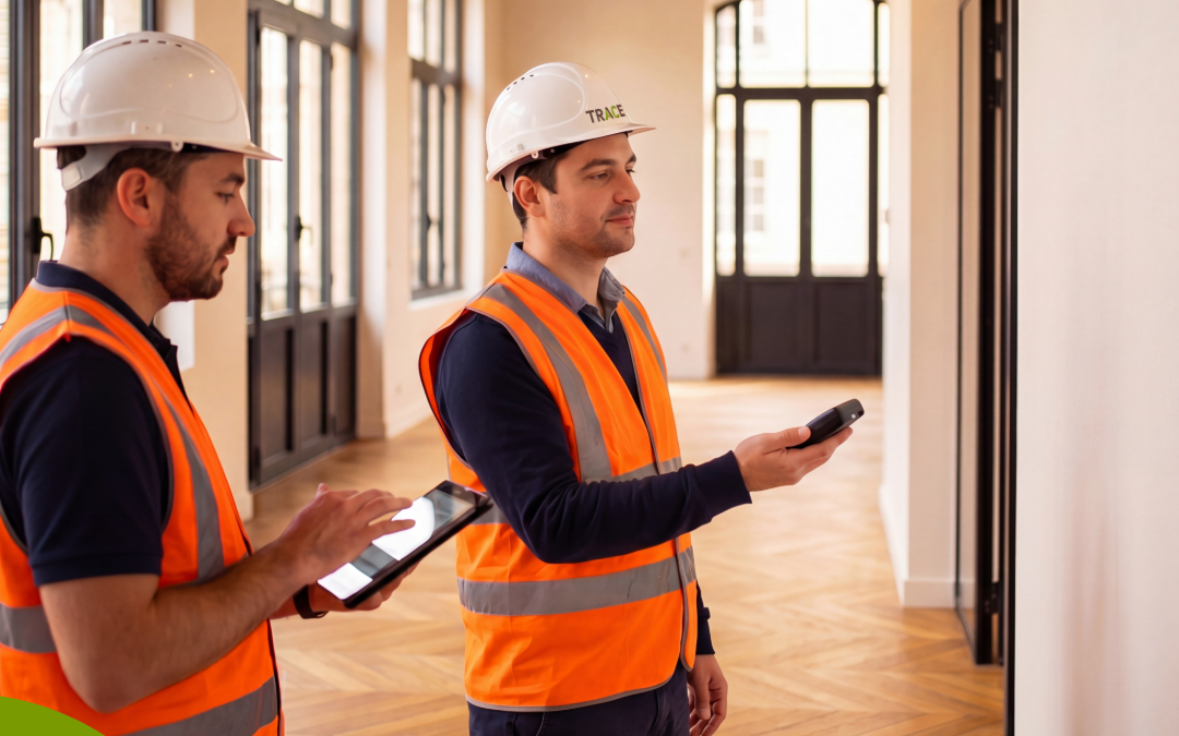 Technicien TRACE INGENIERIE ENVIRONNEMENT réalisant un diagnostic PEMD dans un bâtiment avant démolition